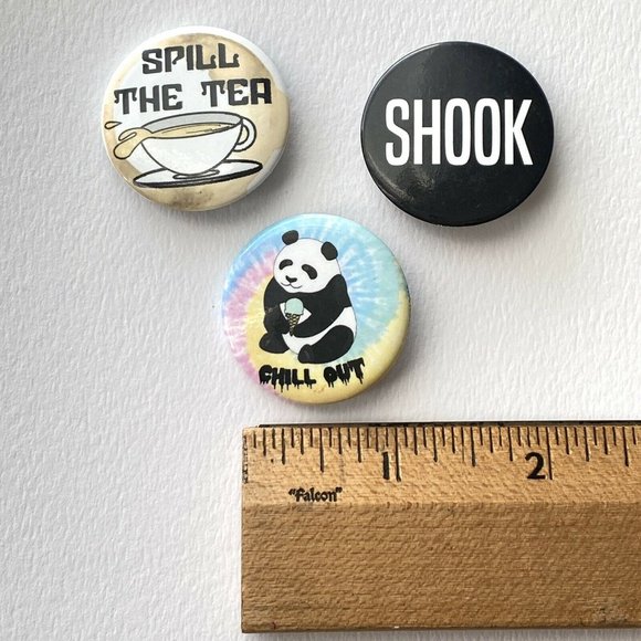 SHOOK Spill The Tea Chill Out Panda Pin Button Pinback Collectible Set Of 3 - Picture 4 of 4